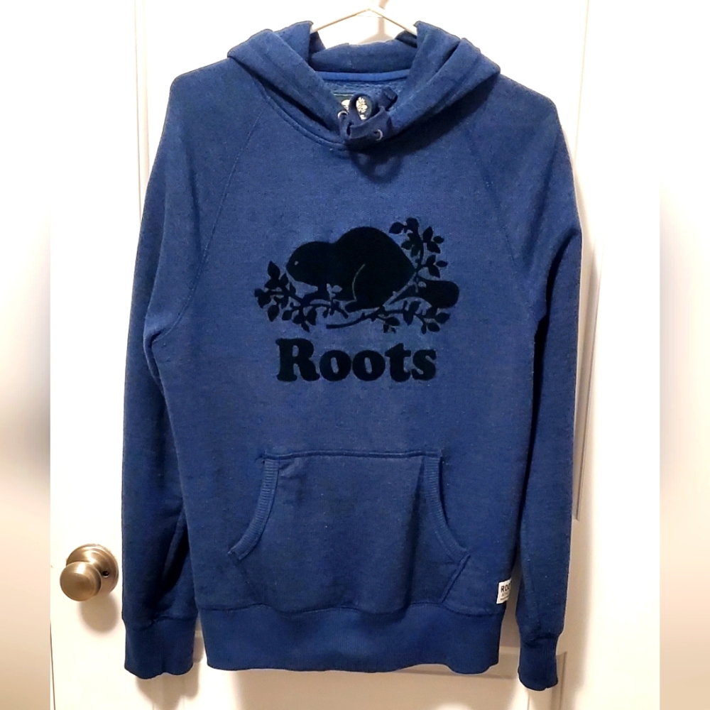 2/$95 Roots hoody-Heather blue ans black with black fuzzy logo - men's size sm